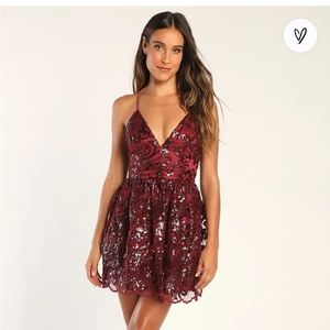 Lulu’s Wine Red Sequin Skater Mini Dress Size:S